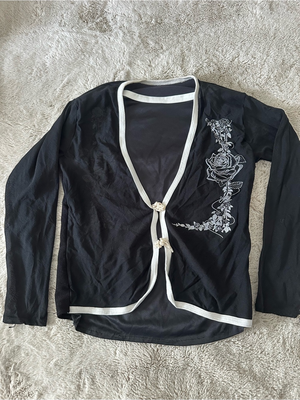 Black Sheer Floral Trim Cardigan with White Piping